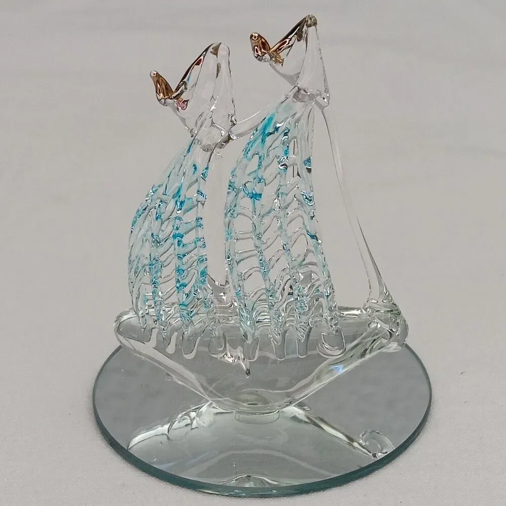 Vintage Spun Glass Ornament Ship 24K Gold Plated Mirror Base